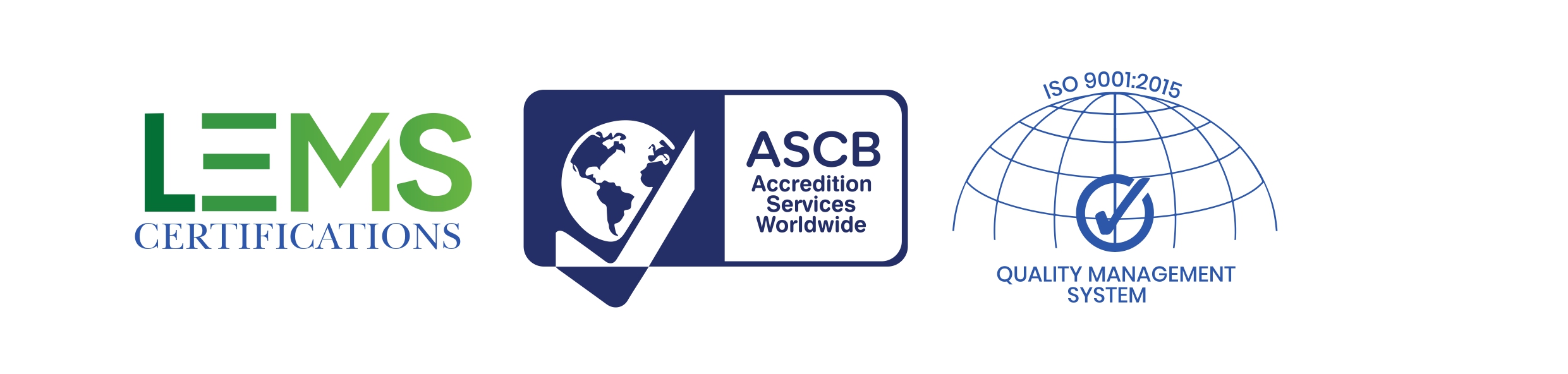 LEMS Certifications, ASCB Accreditation Services Worldwide, and ISO 9001:2015 Quality Management System certification logos