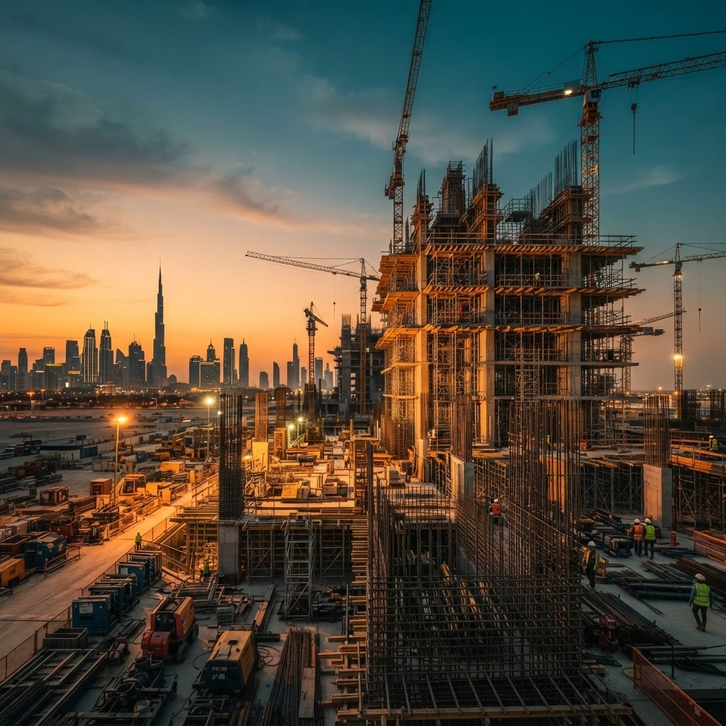 Modern Dubai construction site at golden hour with steel and concrete framework